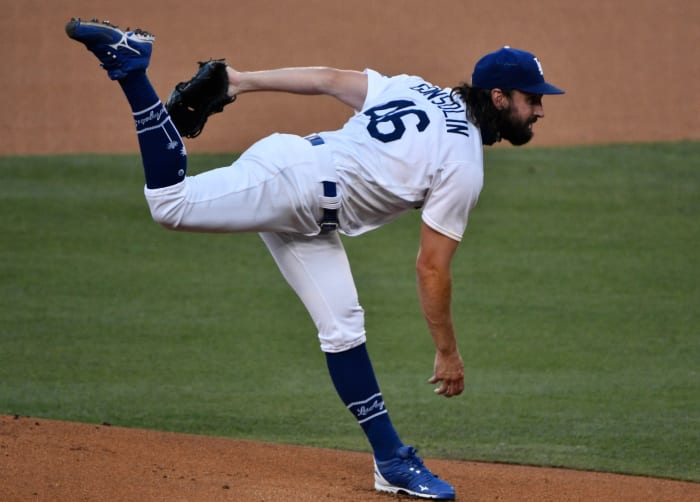 Sep 5, 2020; Los Angeles, California, USA; Los Angeles Dodgers starting pitcher Tony Gonsolin (46) follows through on a pitch in the first inning against the Colorado Rockies at Dodger Stadium. Mandatory Credit: Robert Hanashiro-USA TODAY Sports
